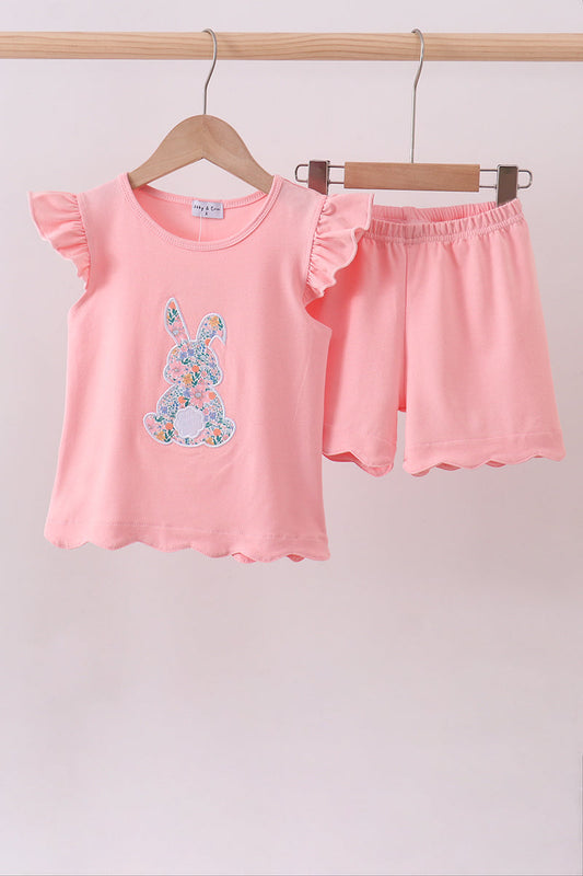 Pink bunny applique ruffle shorts set