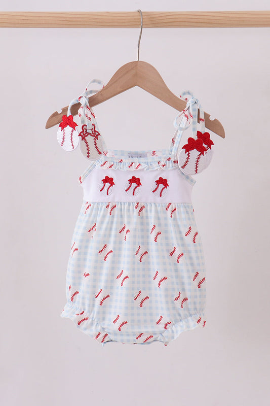 Baseball applique ruffle gingham bubble