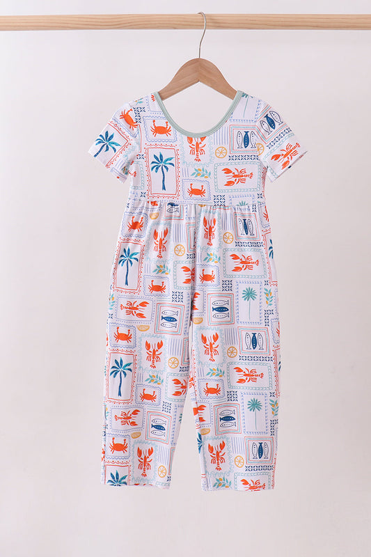 Coconut trees lobsters print bamboo jumpsuit