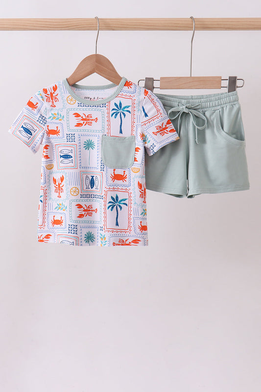 Coconut trees lobsters print bamboo pajama set