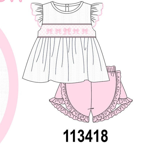 White Bow Smocked Jacquard Ruffle Shorts Set