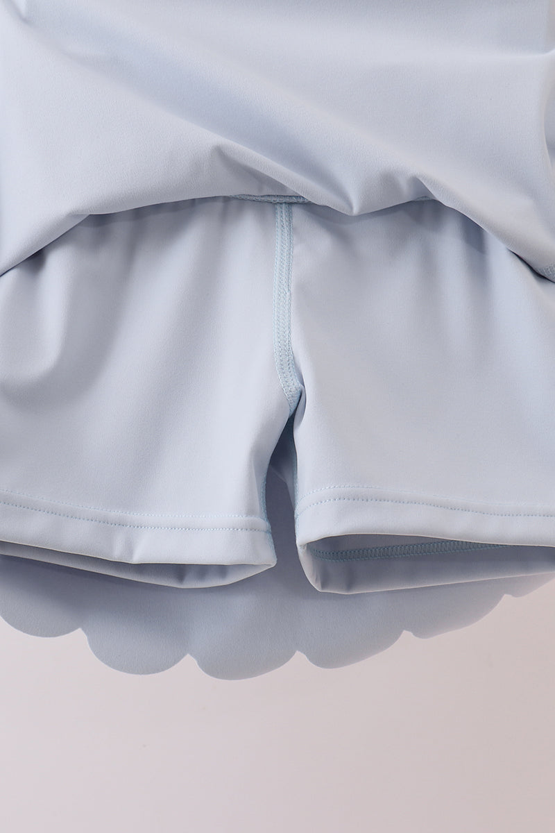Blue Scalloped Yoga Skorts Set