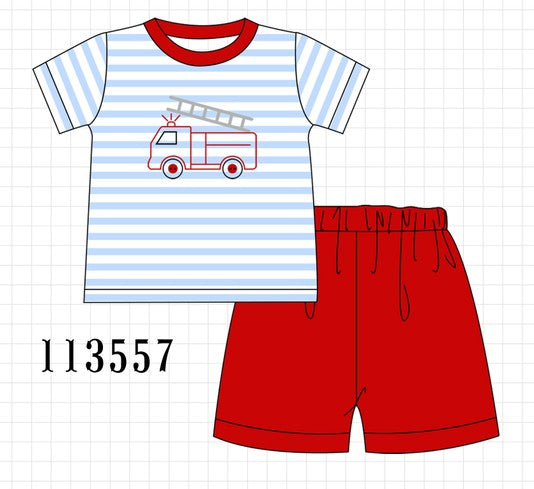 Blue Fire Engine Stripe Embroidered Set