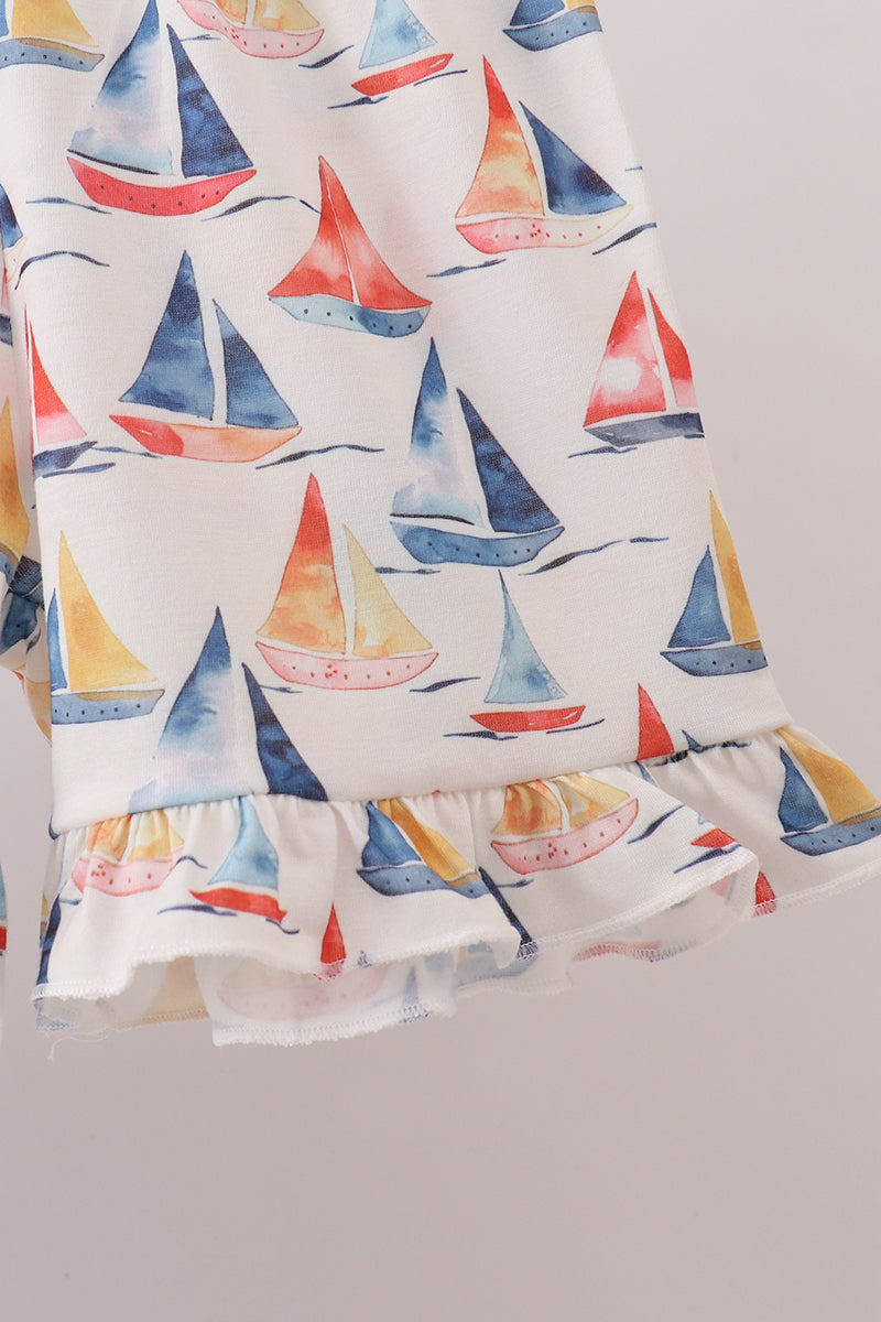 Blue Sailboat Smocked Ruffle Shorts Set