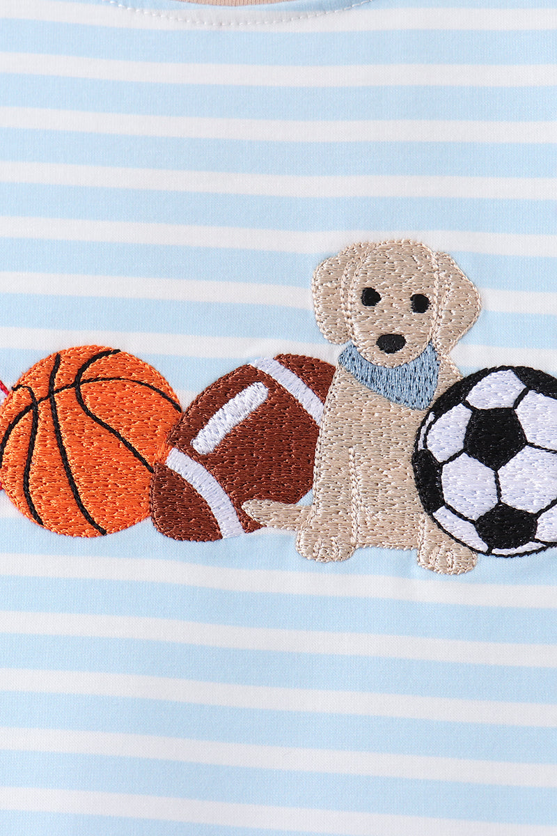 Blue Puppy Ball Embroidered Stripe Shorts Set
