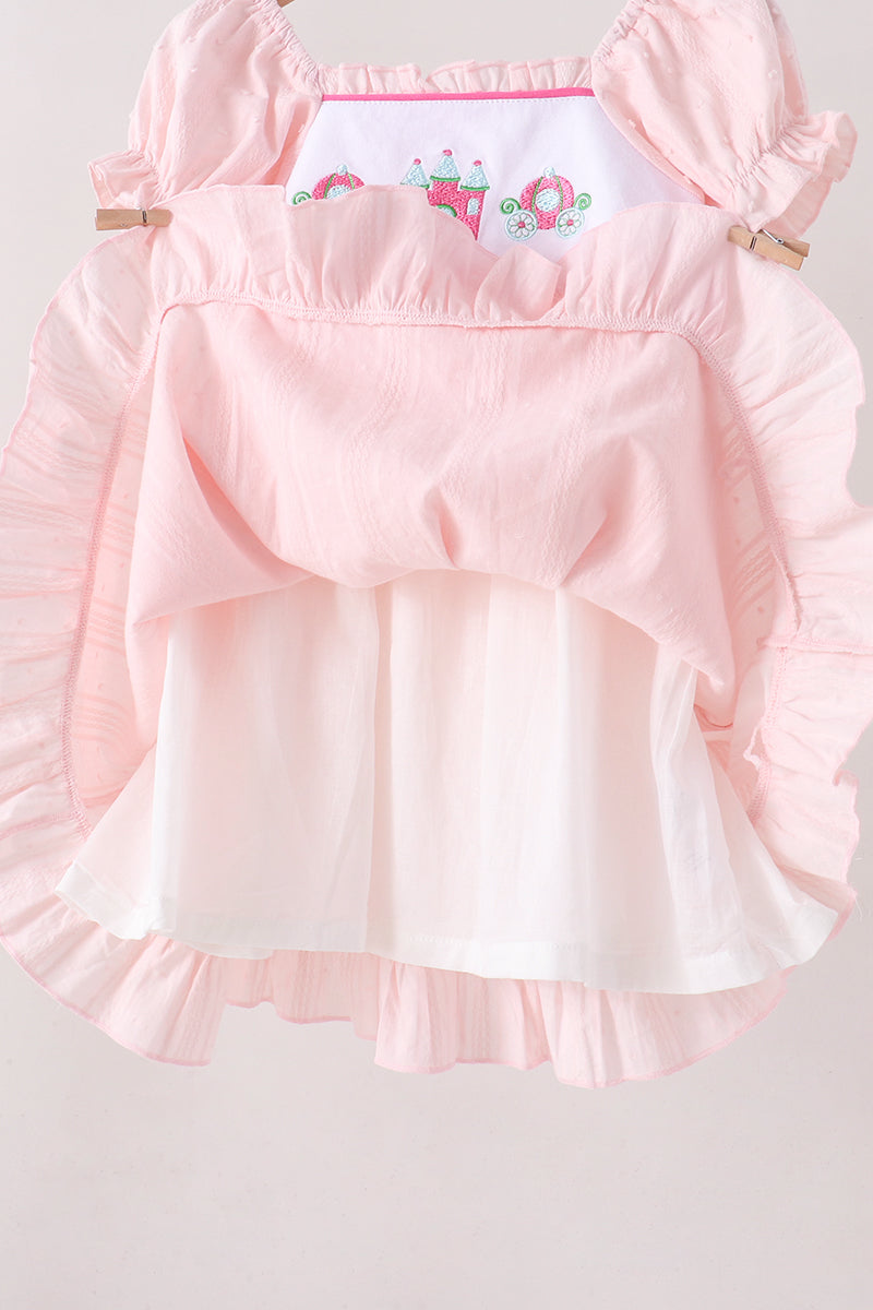 Pink Castle Embroidery Jacquard Ruffle Dress
