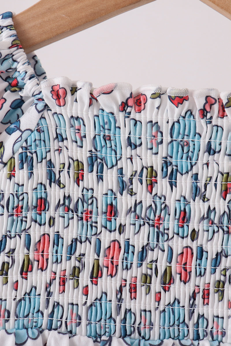 Blue floral smocked ruffle bubble