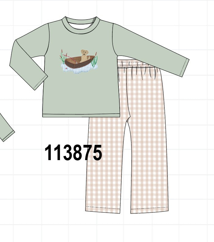 Sage Puppy Fishing Gingham Pants Set