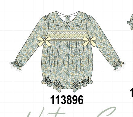 Sage Floral Smocked Bow Bubble