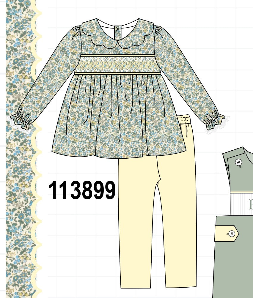 Sage Floral Smocked Pants Set