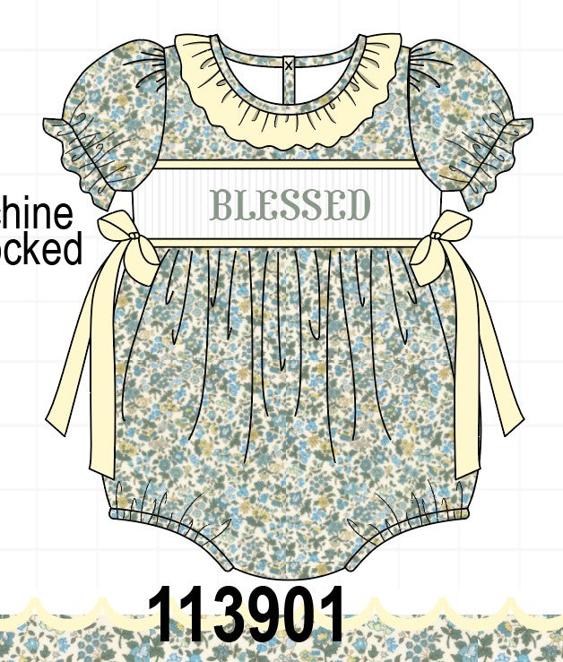Sage Floral Blessed Smocked Ruffle Bubble