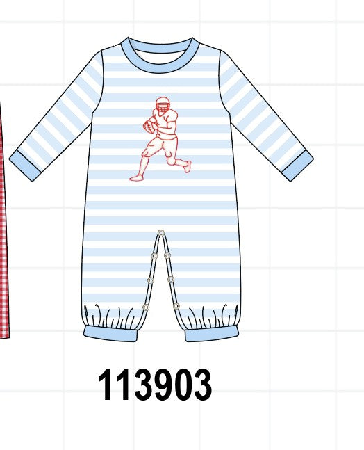 Blue Football Embroidery Stripe Romper