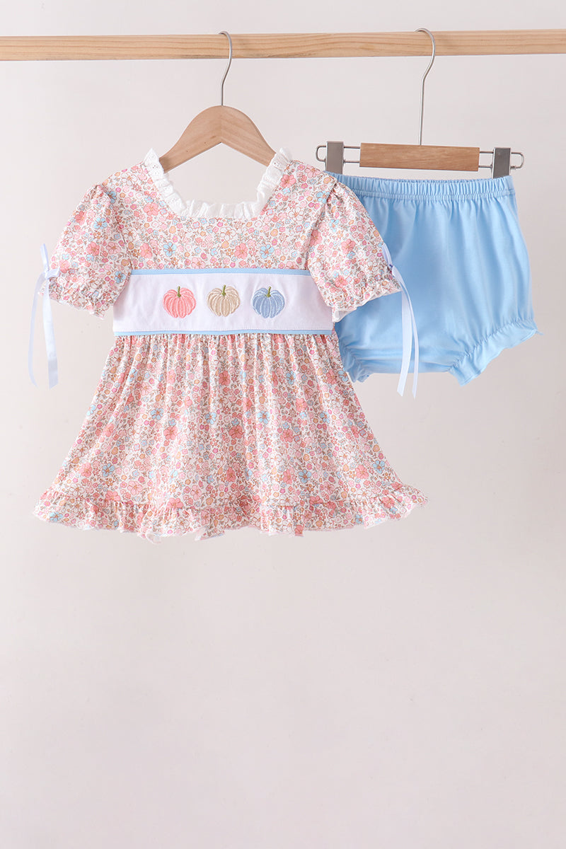 Pink Pumpkin Floral Embroidery Bloomer Set