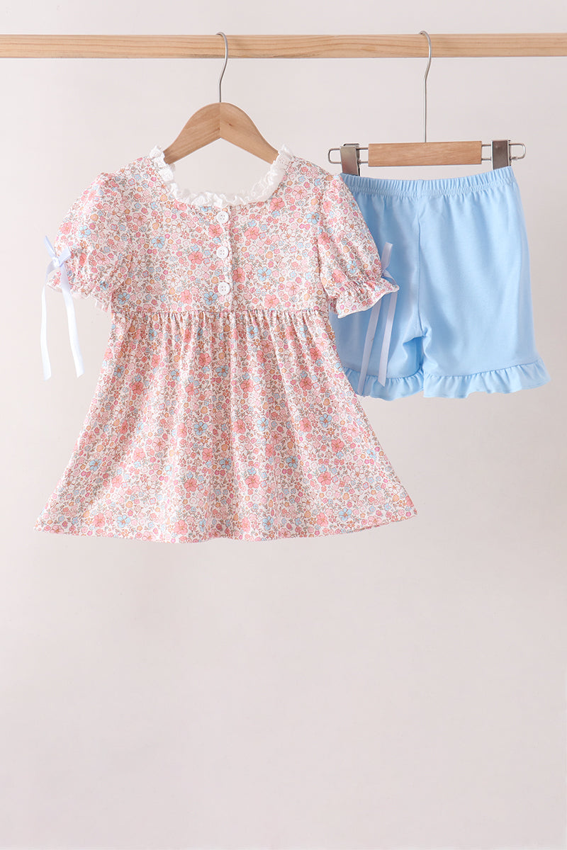 Pink Pumpkin Floral Embroidery Shorts Set