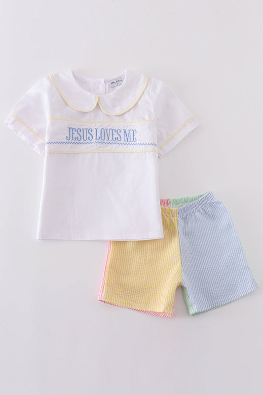 Easter seersucker Jesus loves me embroidery boy set