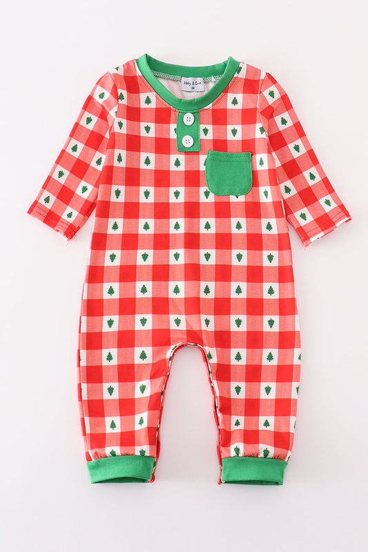 Red christmas tree gingham boy romper