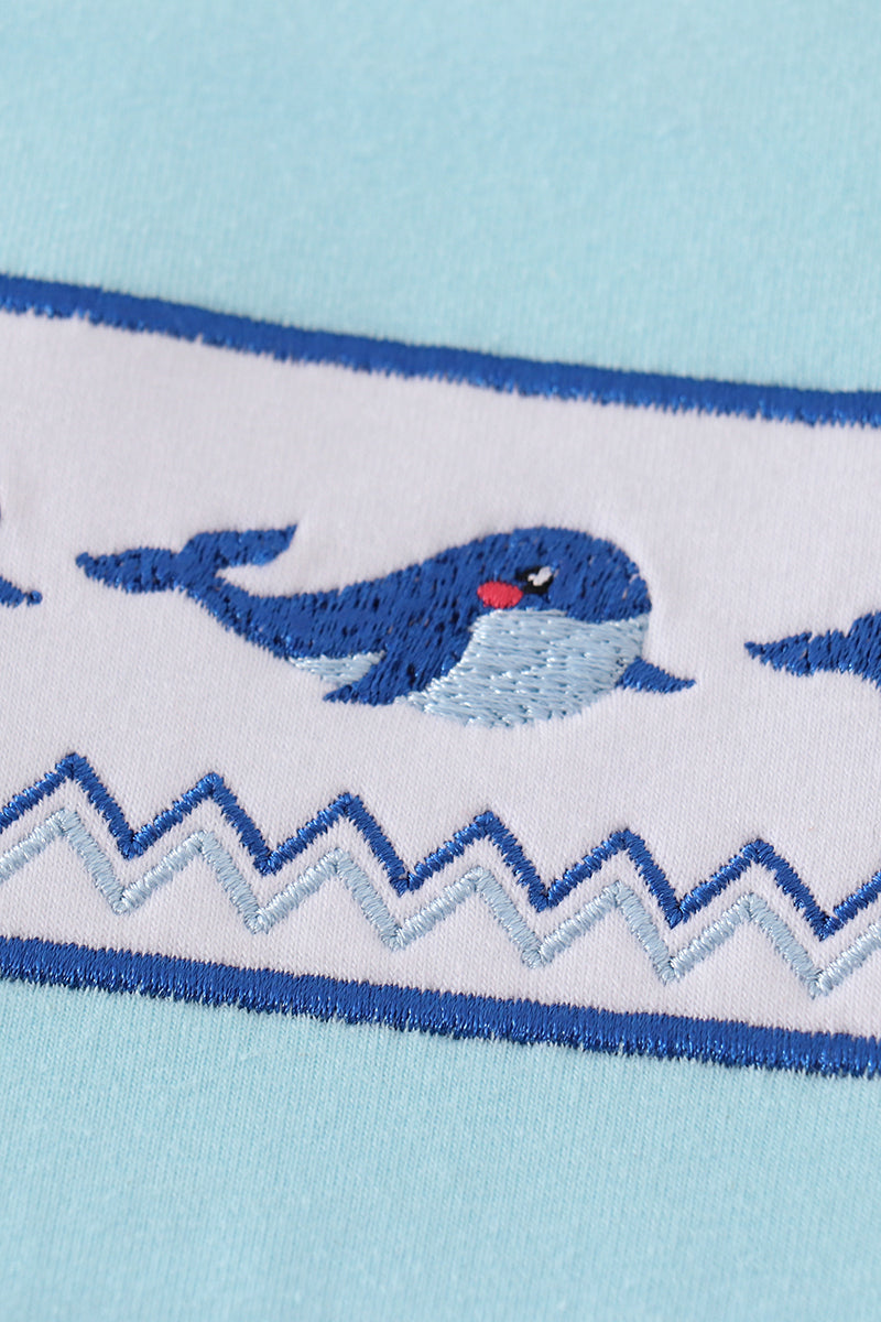 Blue whale embroidery boy set