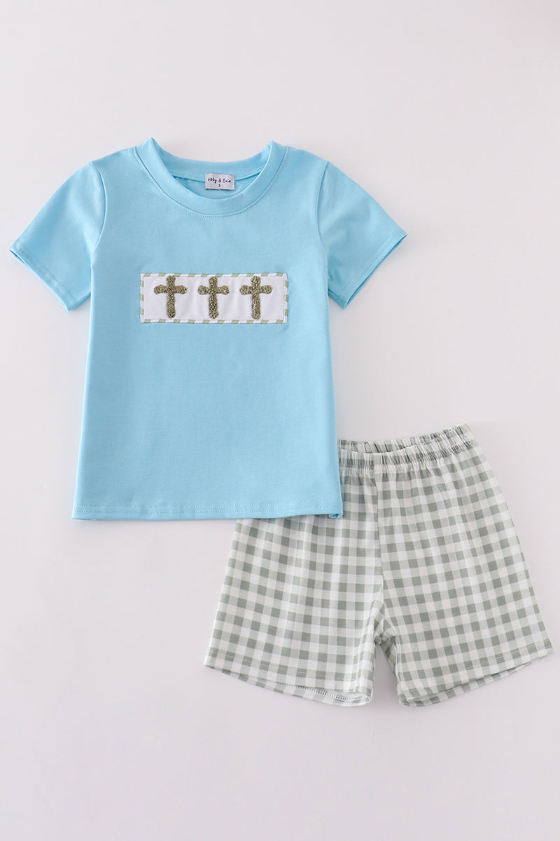 Blue easter cross french knot boy set