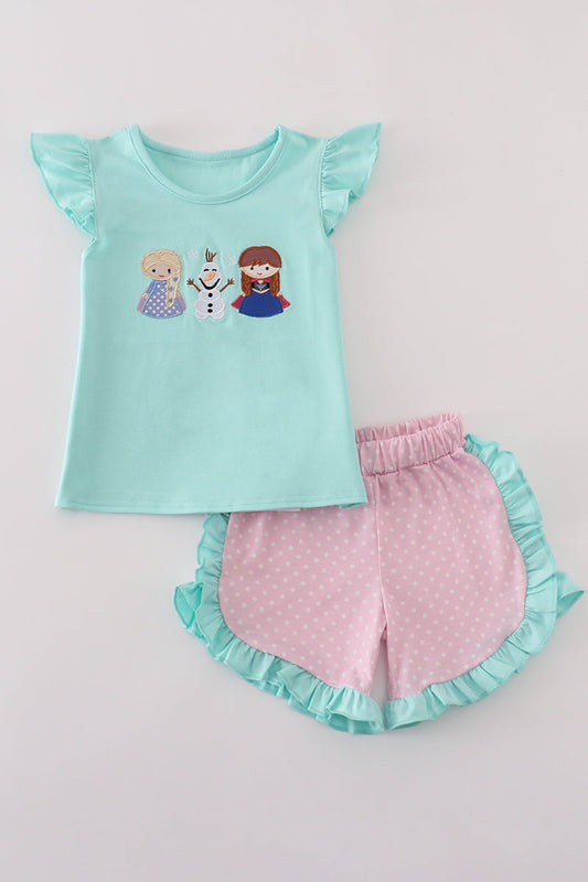 Blue character applique shorts set
