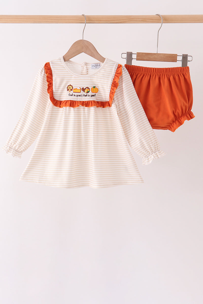 Cream turkey pumpkin embroidery ruffle bloomer set