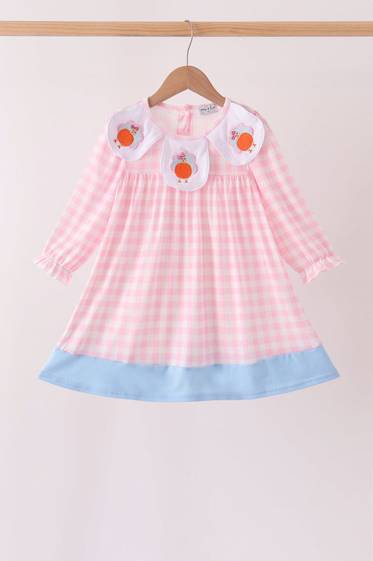 Pink Turkey Embroidery Gingham Dress