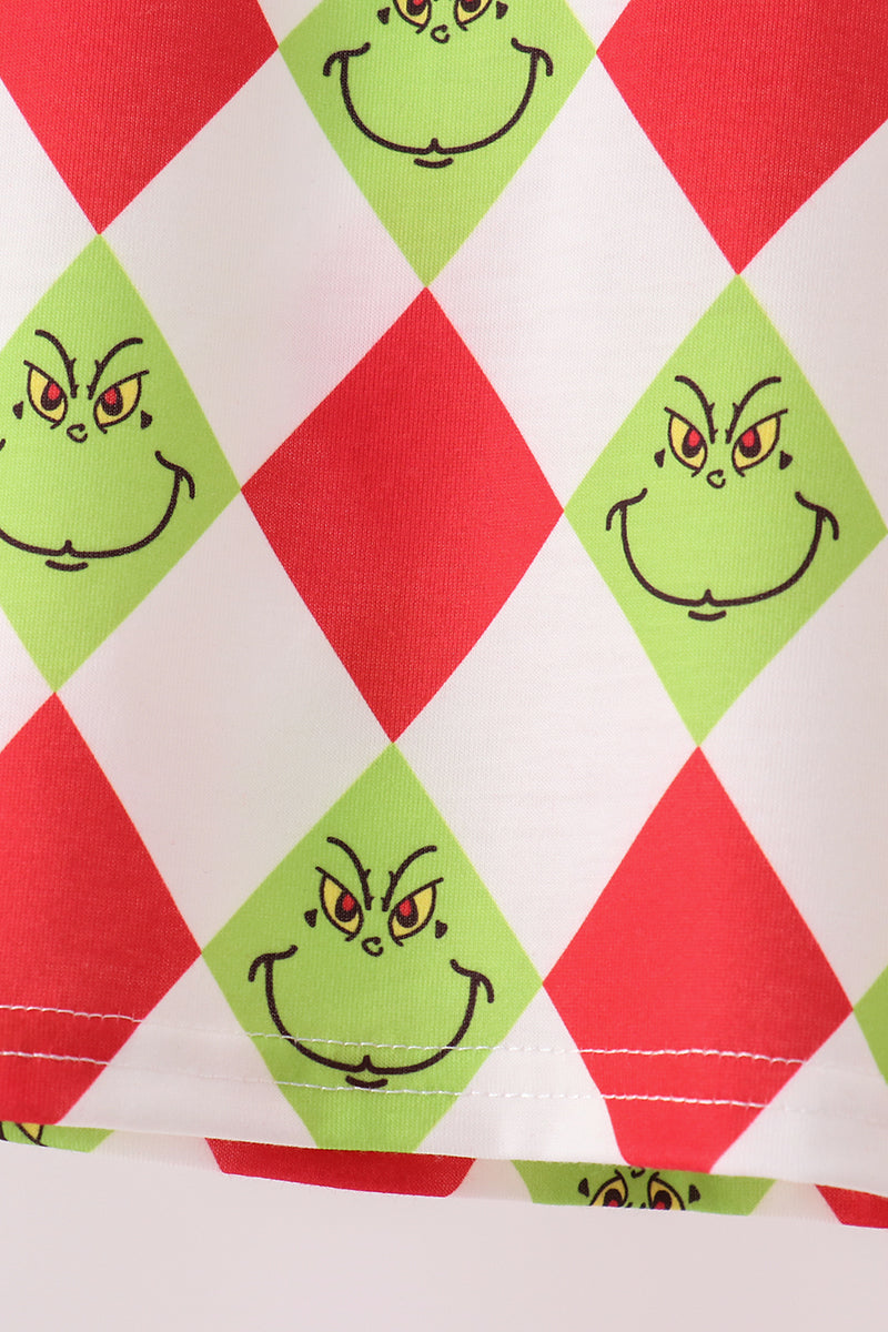 Red grinch print ruffle pajama set