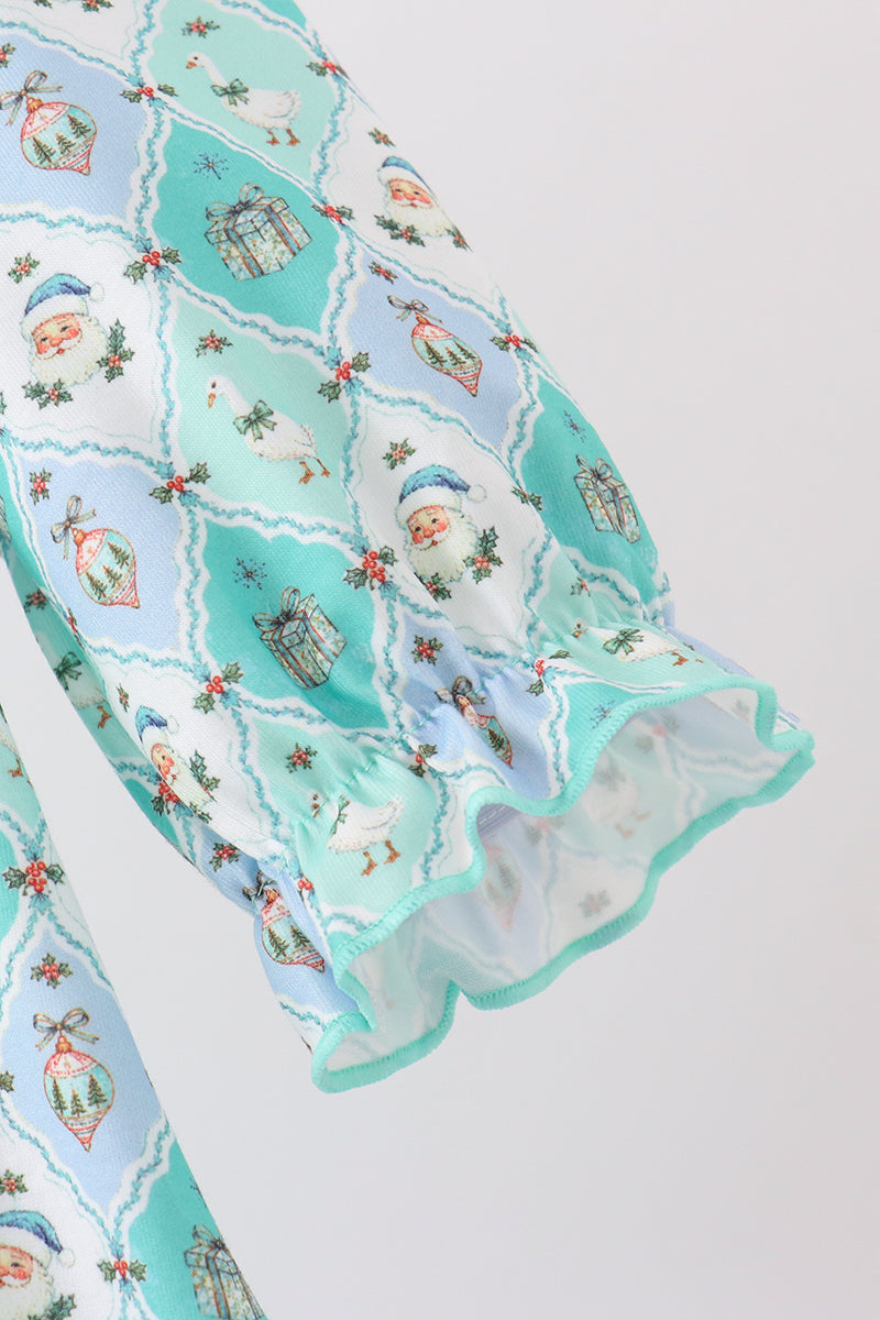 Green santa print ruffle dress