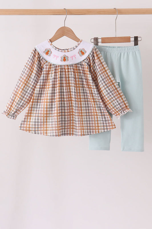 Khaki Turkey Bow Embroidery Pants Set