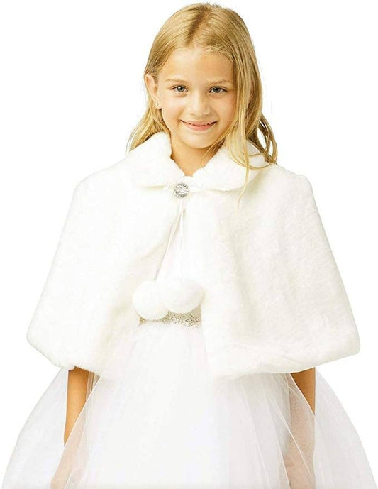 Girls Plush Fur Cape with Collar Flower Girl Bolero Jacket