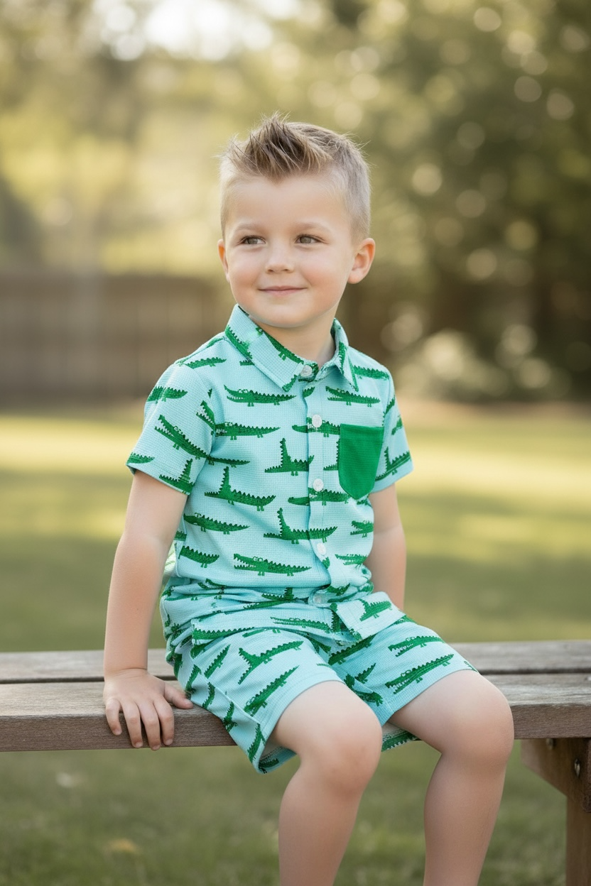 Cute crocodile printed on blue button up shirt and matching shorts. OFB60043 AMY