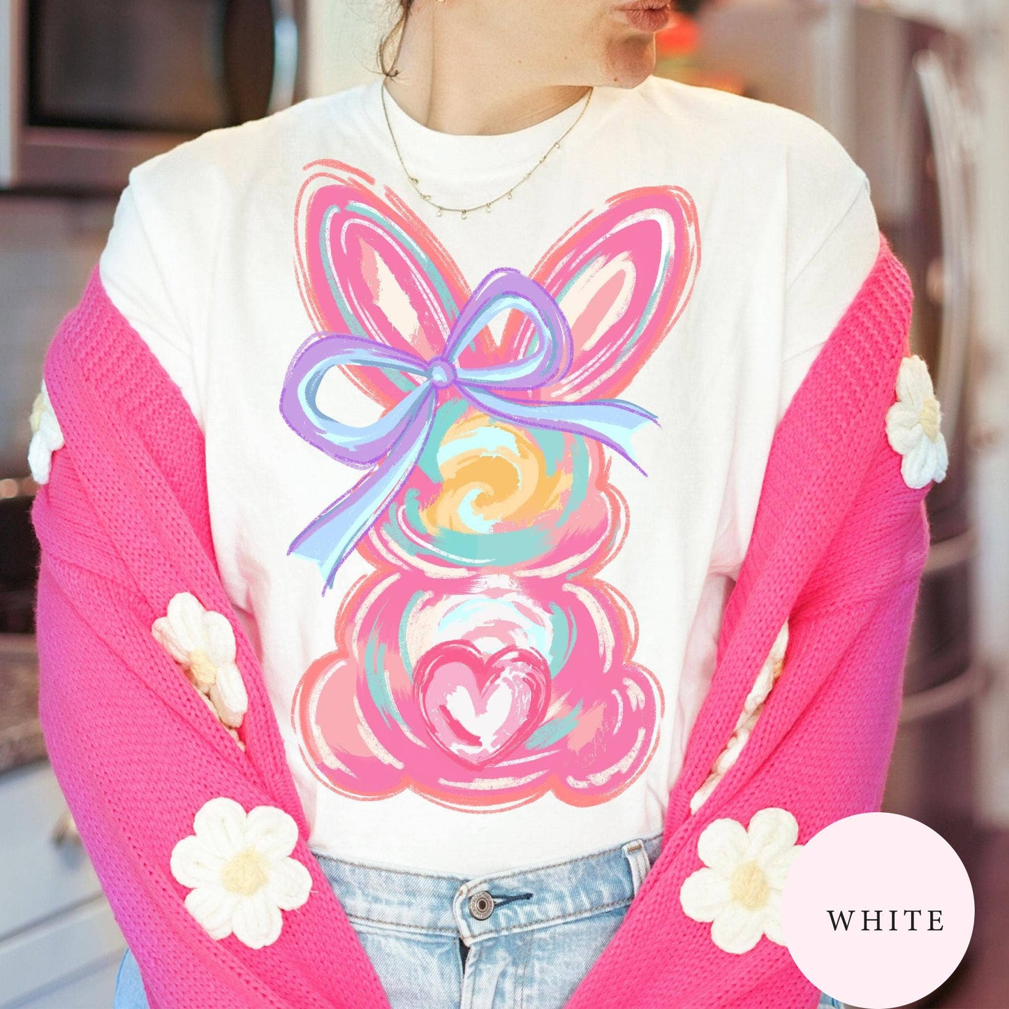 Brushstroke Bunny Easter Sweatshirt, Bunny Coquette Bow Tee