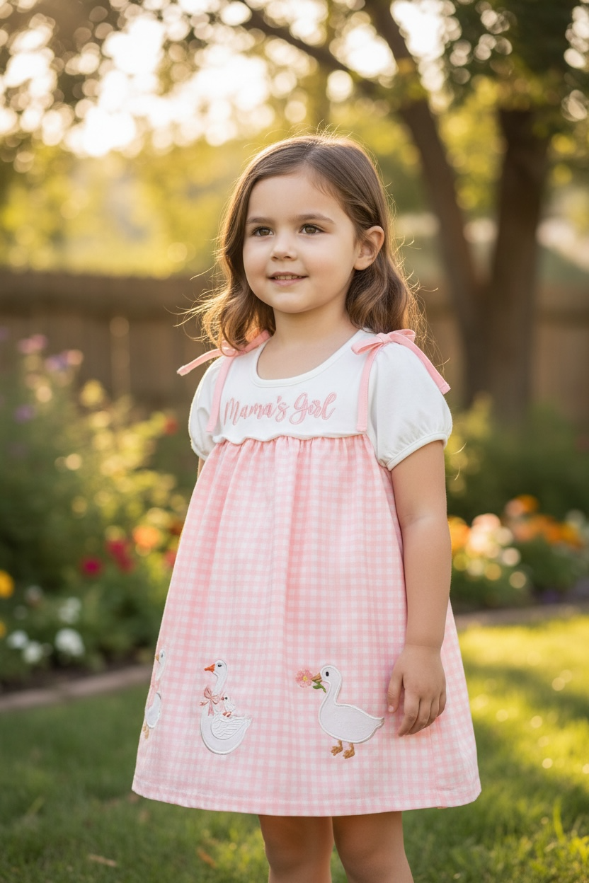 "Mama's Girl" Geese applique on pink gingham printed dress. DRG61562 SOL