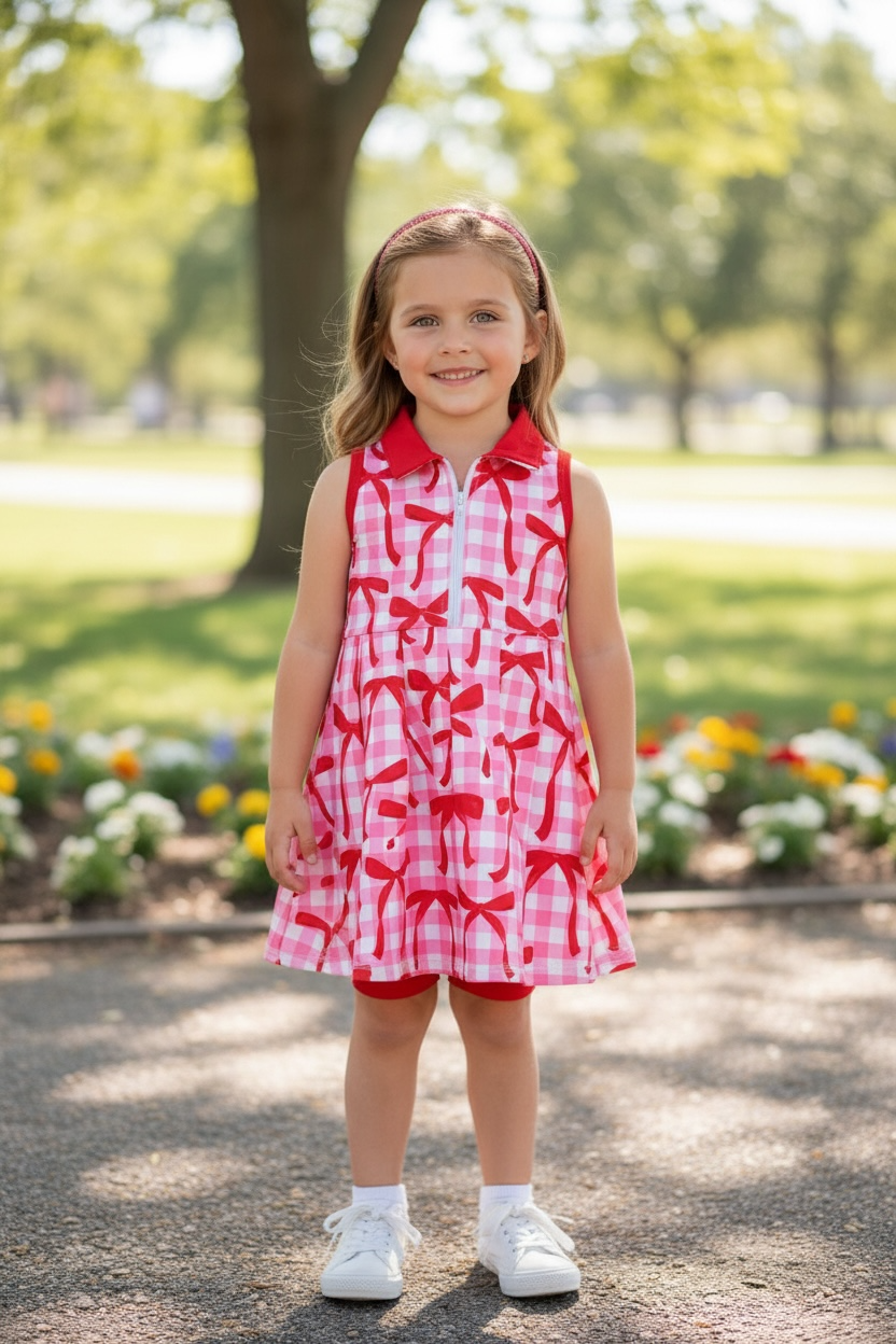 Red Coquette bow & pink gingham active wear dress w/undershorts with snaps. GSD102302-JEAN