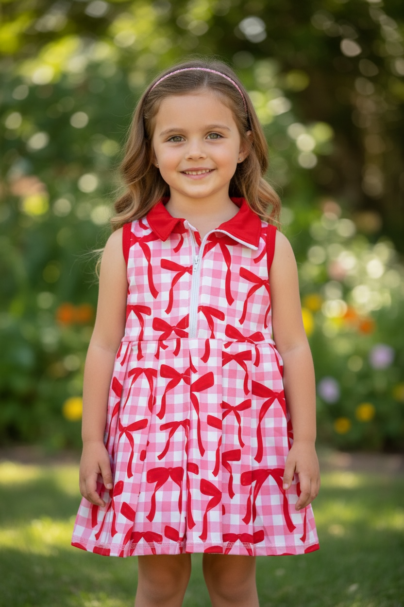 Red Coquette bow & pink gingham active wear dress w/undershorts with snaps. GSD102302-JEAN