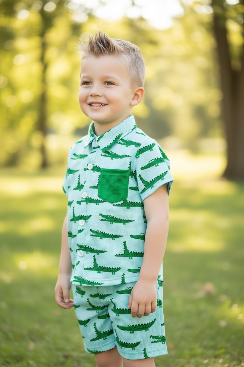 Cute crocodile printed on blue button up shirt and matching shorts. OFB60043 AMY