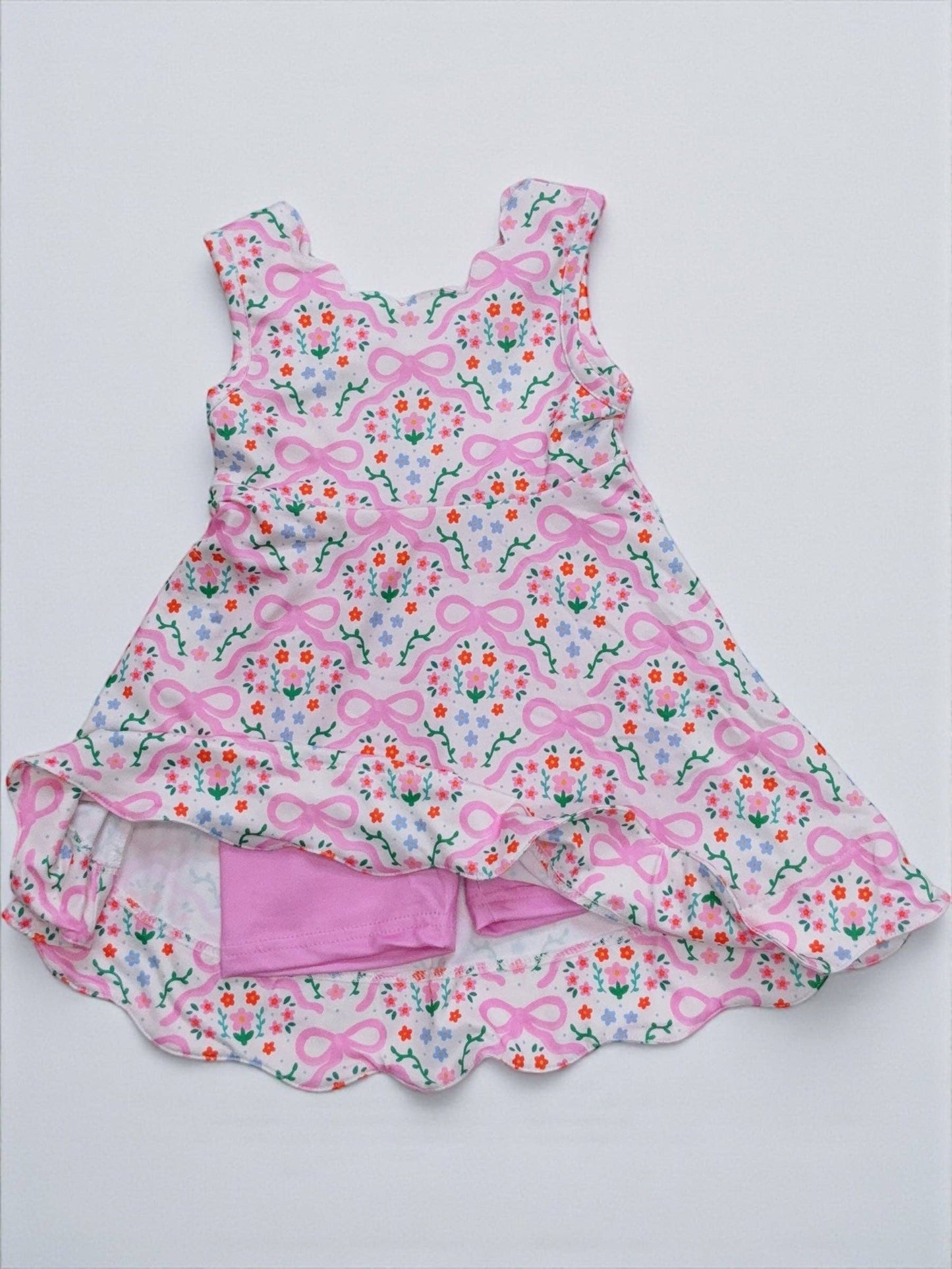 Coquette bow printed dress with scalloped hem & shorts. OFG60137 JEAN