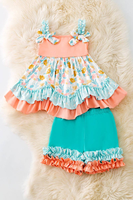 Peach & mint floral ruffle tunic & ruffle shorts. OFG50406 AMY