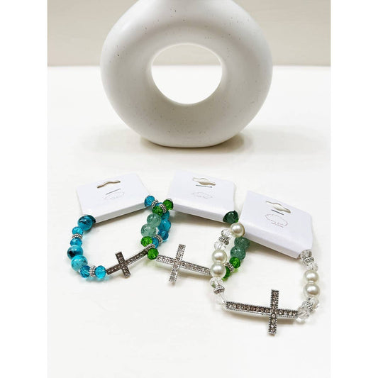 Rhinestone Cross Multi Tone Beaded Bracelet