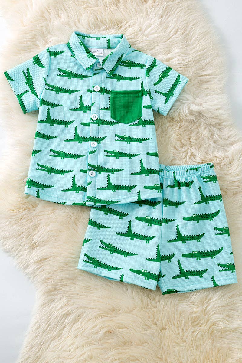 Cute crocodile printed on blue button up shirt and matching shorts. OFB60043 AMY