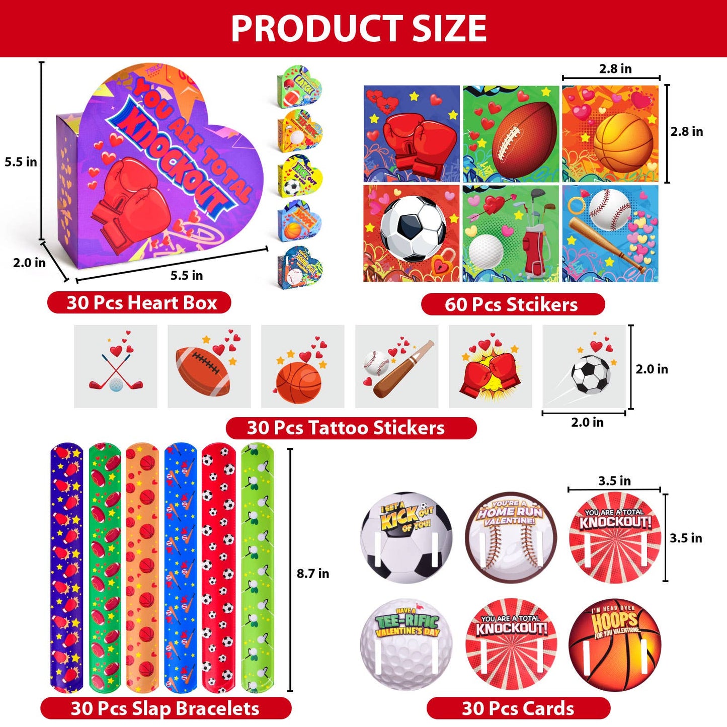 180pcs Sports-Themed Valentine Bracelets & Stickers w/ Cards