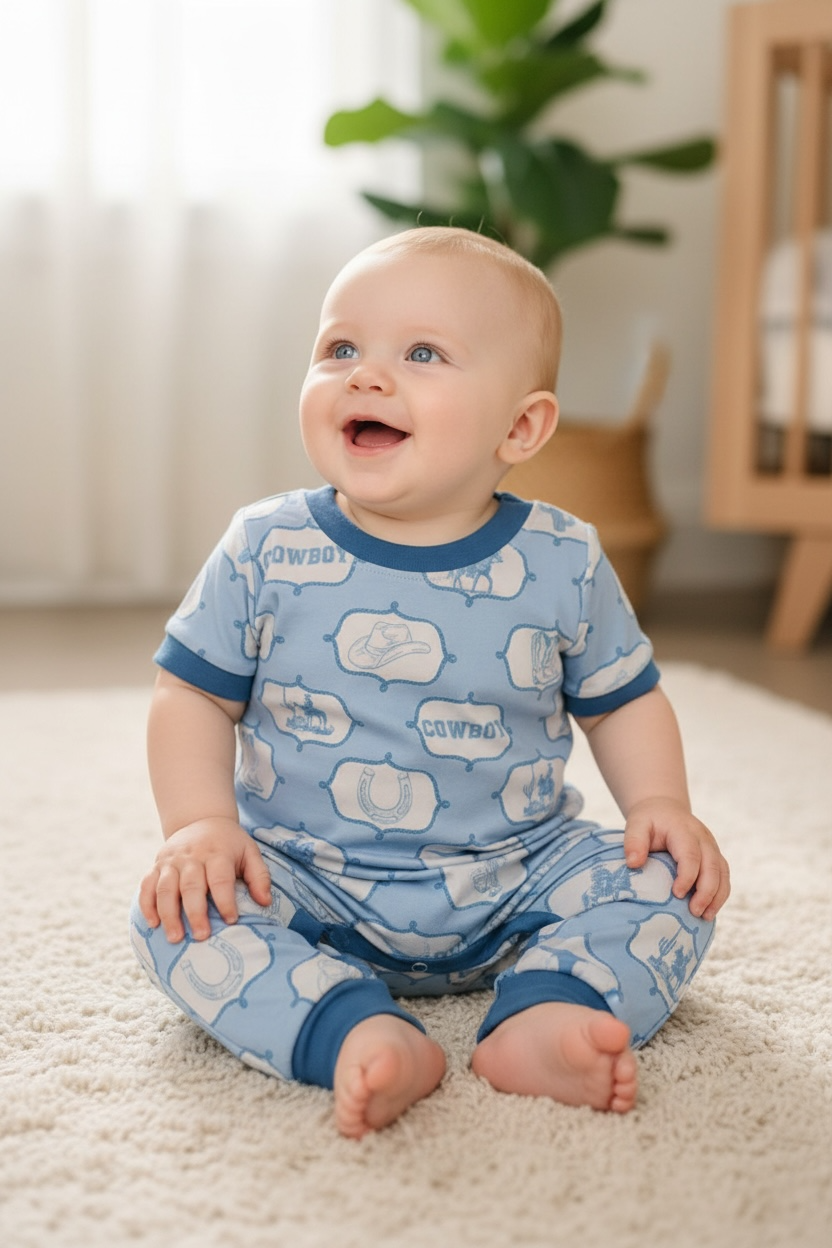 Lt. blue cowboy printed boys baby romper with snaps. SR100107-JEAN