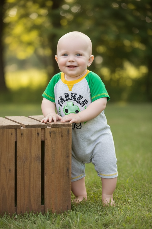 "Farmer Boy" Lt. gray baby romper w/green sleeve. RPB60087 AMY