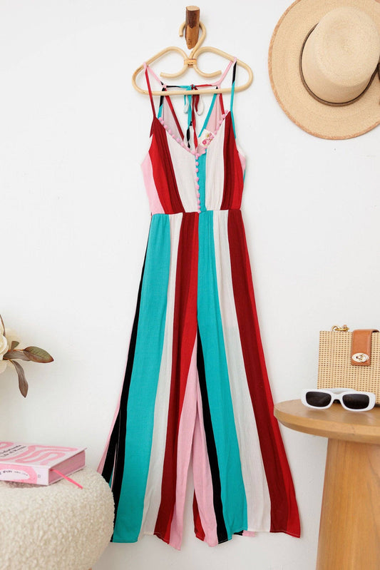 Girls Stripe Back Tie Pom Pom Sleeveless Jumpsuit