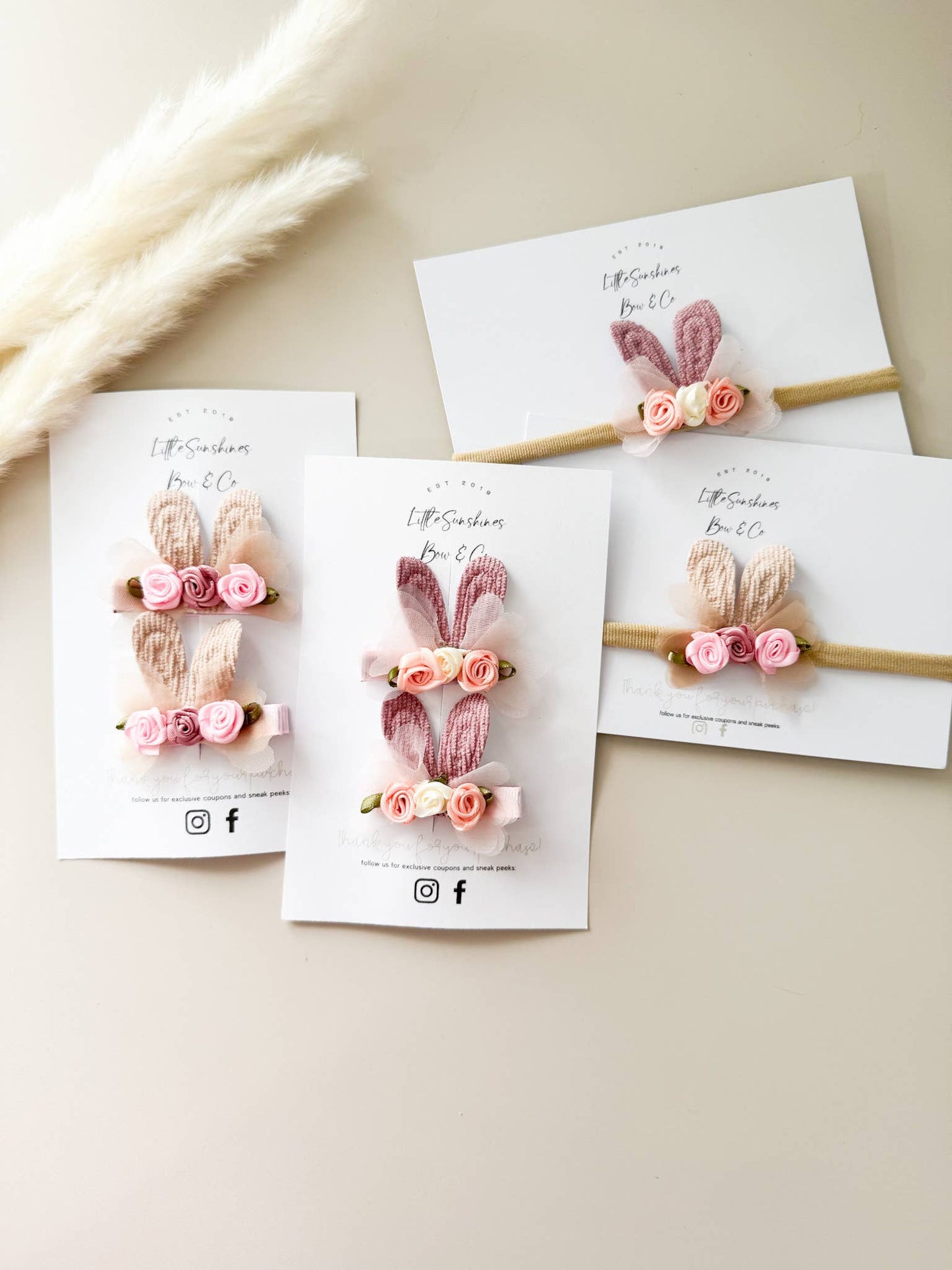 Neutral Bunny with Roses Headbands & Clip Set