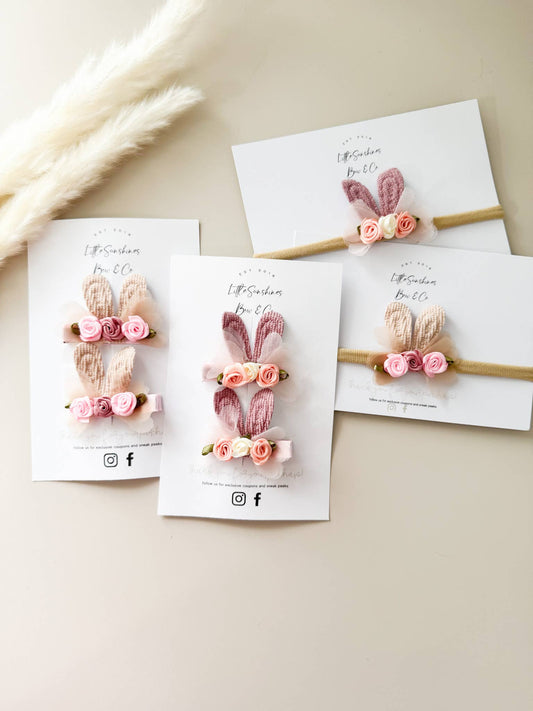 Neutral Bunny with Roses Headbands & Clip Set