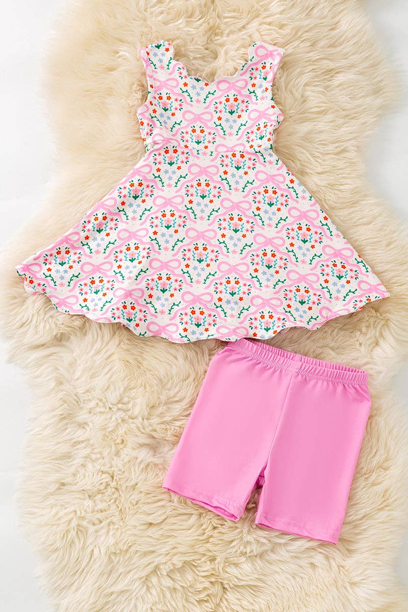 Coquette bow printed dress with scalloped hem & shorts. OFG60137 JEAN