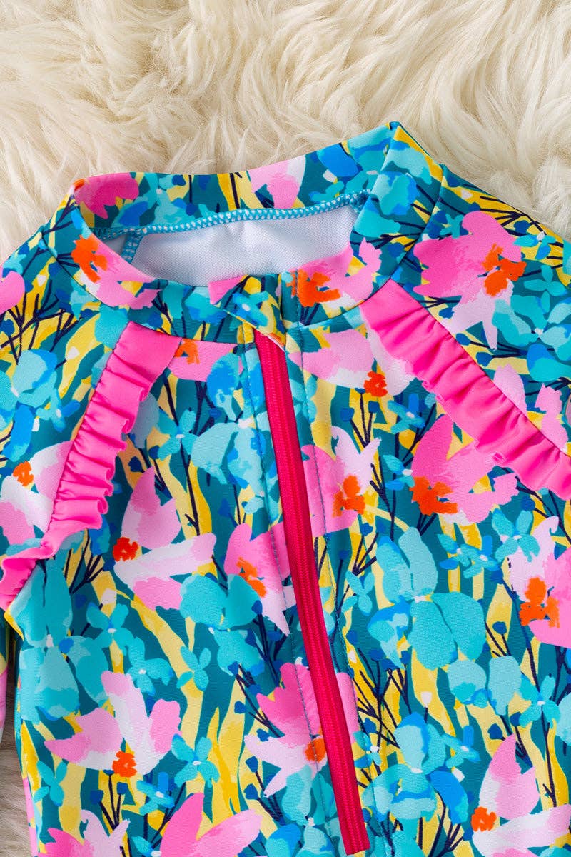 Pink & teal floral printed swimsuit w/front zipper. SWG60114 JEAN