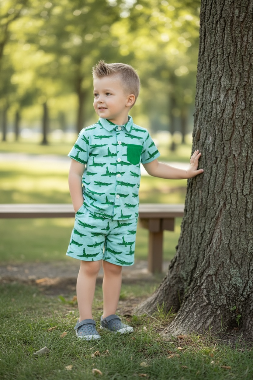 Cute crocodile printed on blue button up shirt and matching shorts. OFB60043 AMY