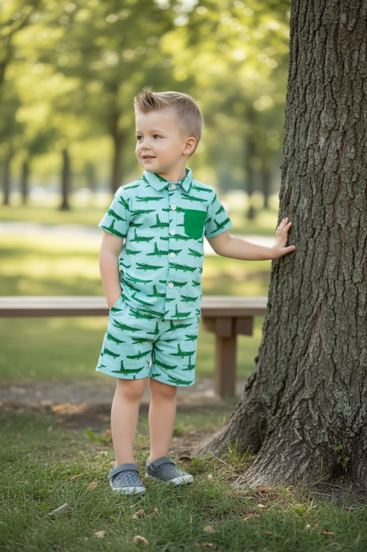 Cute crocodile printed on blue button up shirt and matching shorts. OFB60043 AMY
