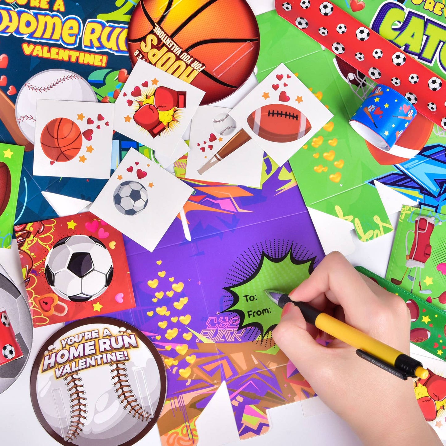 180pcs Sports-Themed Valentine Bracelets & Stickers w/ Cards